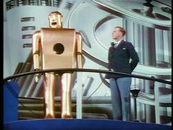1940 man standing next to talking robot / New York World's Fair / industrial Stock Footage