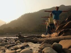 Senior people walking on fallen tree, Ganges River, Rishikesh, Uttarakhand, India Stock Footage