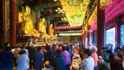 Worshippers inside Jogyesa Temple, Jongno-gu district, Seoul, South Korea, Asia Stock Footage