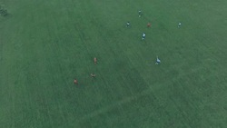 Aerial view of children playing soccer Stock Footage