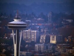 Zoomed view looking at the top of the Space Needle with vignette. Stock Footage