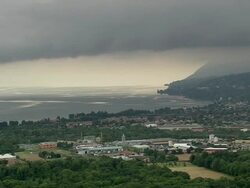 WS AERIAL View of town and Lake Geneva near Thonon Les Bains / Rhone Alpes, France Stock Footage