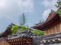 Korean Traditional House Roof tile in Bukchon Hanongmaeul Folk Village that the Famous traditional Place in Seoul City Stock Footage