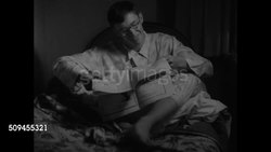 1936: PRINCETON UNIVERSITY: VS Young adult male college student reading paper, while getting dressed, while sitting in bed, sitting in chair, standing outside door, two reading in room. Instructional Video