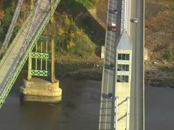 MS AERIAL View of traffic moving over Penobscot Narrows Bridge / Maine, United States Stock Footage