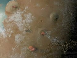 Ancient Mars. Active Tharsis ridge and Olympus Mons volcanoes on Mars, at a time when liquid water existed on the surface Stock Footage