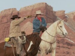 LA Cowboy and cowgirl on horseback stop riding and look around / Shell, Wyoming, United States Stock Footage
