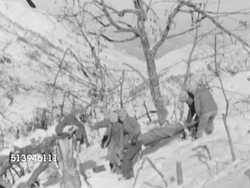 1952: KOREAN WAR: NORTH KOREA: VS United States Marines carrying wounded soldier wrapped in stretcher down snowy hill, landscape. Korea, injured, medevac, medivac, Korean Conflict Instructional Video