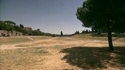 Grass and trees grow on the grounds of the ancient Circus Maximus. Stock Footage