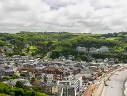 HD Timelapse: Etretat village and Aval cliff Normandy, France Stock Footage