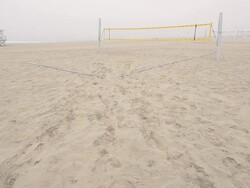  WS Female players walking on beach volleyball court / Redondo Beach, California, United States Stock Footage