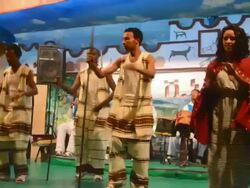 MS Traditional dancers at tourist show with waiters and music AUDIO / Abbia Ababa, Ethiopia Stock Footage