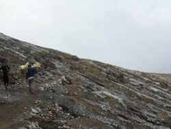 WS Miners climbing the Ijen volcano crater carrying solid sulfur / Ijen, Java, Indonesia Stock Footage