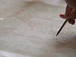 MS Shot of picture of Buddha being painted / Bagan, Mandalay Division, Myanmar Stock Footage