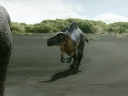 Medium Long Shot hand-held - A dinosaur swats an approaching dinosaur with its tail in a computer-generated animation. / Washington, DC, USA Stock Footage