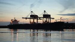 Cargo ship at bulk port Stock Footage