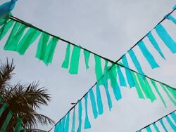 MS LA Shot of Colorful banners blowing in wind at dusk during Carnival / Salvador, Bahia, Brazil  Stock Footage