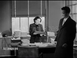 1948: BEHIND THE SCENES: ANGLE WS 515 Madison Avenue building. Male walking into office handing woman behind desk envelop, woman reading script, stamping to mark 'approved by' & 'date' on front of draft. CU Female hand signing Rose Franken & dating. Instructional Video