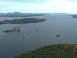 WS AERIAL View of wooded area on island at bay / Maine, United States Stock Footage