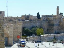 MS PAN Shot of Jaffa gate and Tower of David from old city wall / Jerusalem, Judea, Israel Stock Footage