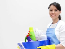 Cleaner holding cleaning products Stock Footage