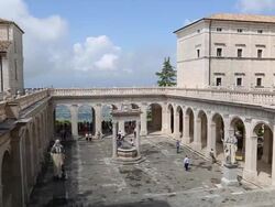 Montecassino Monastery, tourists in the main courtyard of the Monastery Stock Footage