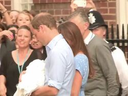 The Duke and Duchess of Cornwall emerge from St. Mary's Hospital for the first time since giving birth to their unnamed son, the future British King in London, England, UK on 7/23/13. (Getty Images Entertainment Video) Stock Footage