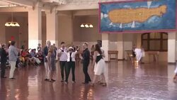 Melissa Mark-Viverito, The Edge, Yoko Ono, Bono and Salil Shetty at Bono and Yoko Ono honor John Lennon at Event on Ellis Island Stock Footage