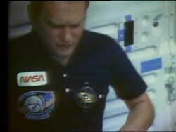 Astronaut Karol Bobko playing with gyroscope in Space Shuttle Stock Footage
