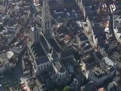 MS AERIAL ZI ZO DS View of Cathedral and Square(Grand Place) in city / Flemish Region, Belgium Stock Footage
