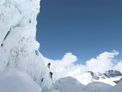 WS People climbing and walking to ladder on ice / Mt. Everest, Nepal Stock Footage