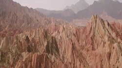 View of rainbow mountains in Zhangye Danxia Landform, China Stock Footage