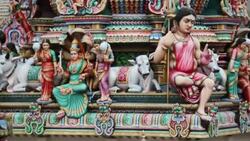 Statues cover the Gopuram of the Sri Mariamman Temple in Singapore. Stock Footage