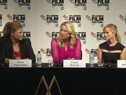 INTERVIEW - Cheryl Strayed on feminism, how she felt on the hike. Reese Witherspoon on being a strong woman at 'Wild' Press Conference Stock Footage