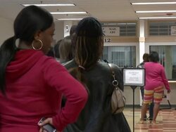 2009 MS People waiting in line at in job center office/ Antioch, California, USA/ AUDIO Stock Footage