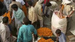 Shoppers and vendors crowd a market in India. Stock Footage