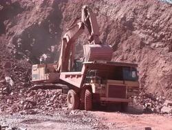 MS Digger and truck working in quarry  / Taben-Rodt, North Rhine- Westphalia, Germany Stock Footage
