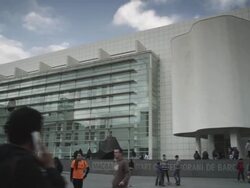 WS PAN Shot of Macba square with skaters and people walking by / Barcelona, Catalunya, Spain Stock Footage