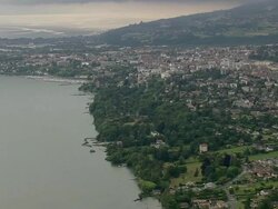 WS AERIAL View of houses on Lake Geneva near Thonon Les Bains / Rhone Alpes, France Stock Footage