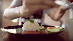 Young woman having lunch in restaurant cafe. Stock Footage
