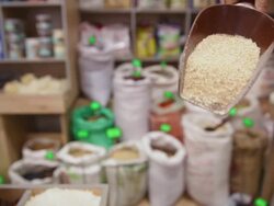 In the grocery. Taking wheat cereal from sack Stock Footage