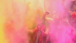 Group of people celebrating holi festival, Delhi, India Stock Footage