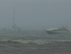 WS View of three boats caught in storm surge and waves with Hurricane Gustav / Gulfport, Mississippi, United States Stock Footage