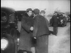 B/W 1949 Chairman Mao getting out of car + shaking hands with man / educational Stock Footage