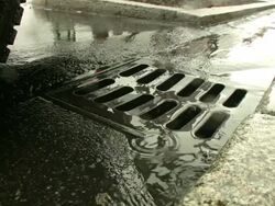 Curb with running water into manhole \Seamless LOOP HD\ Stock Footage