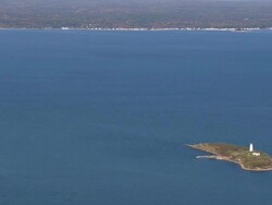WS AERIAL ZI View of Faulkner's Light Brigade Lighthouse / Connecticut, United States Stock Footage