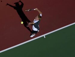 SLO MO, WS, HA, Young man serving tennis ball, Santa Barbara, California, USA Stock Footage