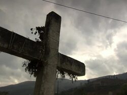"Dramatic CU of stone cross, cloudy bright sky, valley in b/g, rural Amazonas region of Peru [PerÃƒÂº]" Stock Footage
