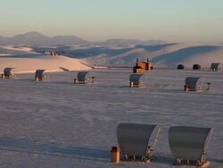 MS PAN Picnic shelters in White Sands National Monument at sunset / Alamogordo, New Mexico, United States Stock Footage