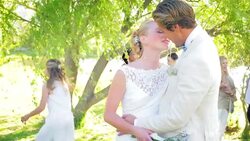 Bride and groom kissing at wedding reception Stock Footage